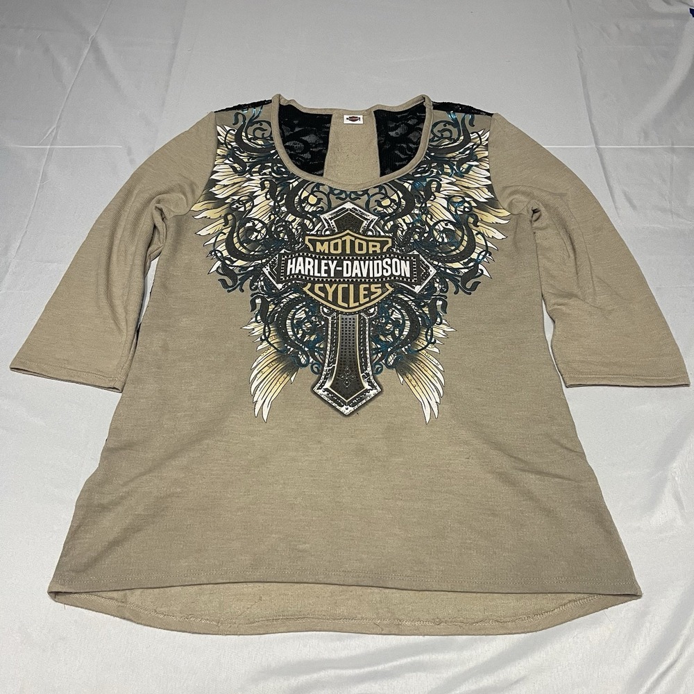 Harley Davidson Top Women's XL Beige Crochet Lace Back 3/4 Sleeve Bling Cross